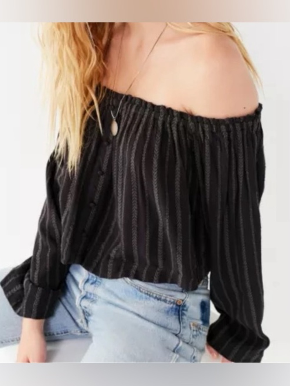 Urban Outfitters Black Striped Off-Shoulder Long Sleeve Top